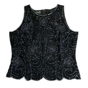 Vintage 90s JMD New York Black Floral Beaded Sleeveless Dressy Top Size L